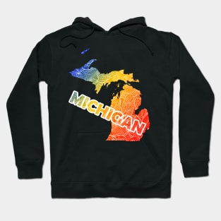 Colorful mandala art map of Michigan with text in blue, yellow, and red Hoodie